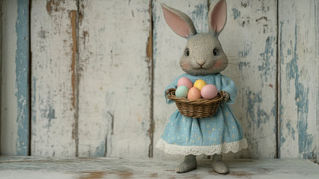 This charming bunny figurine in a blue dress cradles a basket of colorful Easter eggs, bringing a sense of nostalgia and joy to any festive spring dの素材
