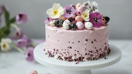 A beautiful pastel Easter cake topped with seasonal flowers and colorful eggs, creating a delightful centerpiece for spring celebrations and festive gatherings.の素材