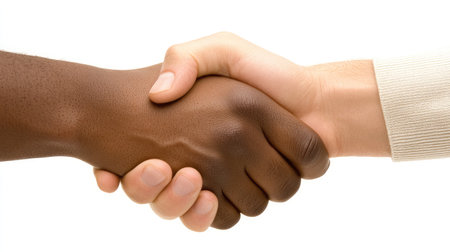 This image illustrates two hands engaged in a handshake, representing unity, trust, and collaboration between diverse cultures and backgrounds.の素材