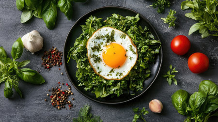 A colorful display of a fresh salad featuring a sunny side up egg on a bed of greens, enhanced by herbs and spices, showcasing healthy and delicious eating options.の素材