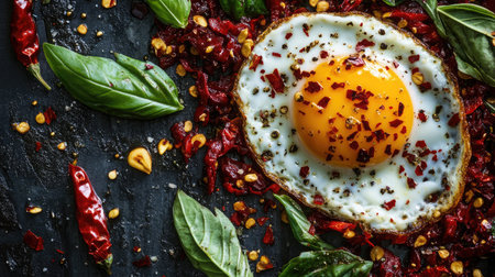 A close-up of a vibrant fried egg resting on crushed chilies and basil, creating a visually appealing and spicy culinary masterpiece perfect for food enthusiasts.の素材