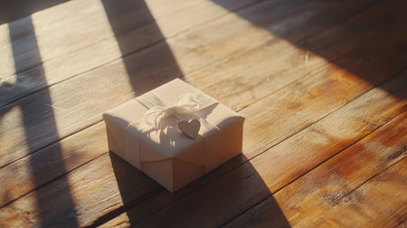 A charming gift box adorned with a heart pendant, resting gracefully on a rustic wooden table, enhanced by soft natural light and soothing shadows, ideal for special moments.の素材