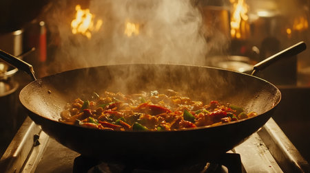 A vibrant and inviting scene showcasing a stir-fry of chicken and vegetables in a smoky wok, captured in a cozy kitchen with a warm atmosphere.の素材