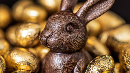 A charming chocolate bunny sits among golden eggs, creating a delightful scene for Easter. This image evokes feelings of joy and celebrates seasonal traditions and family gatherings.の素材