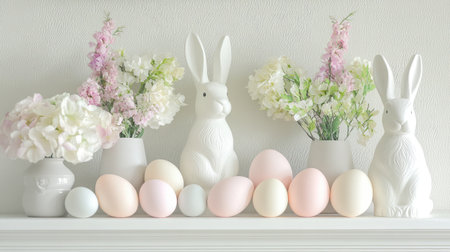 Delicate display featuring white ceramic bunnies, pastel Easter eggs, and soft blooms, perfect for creating a tranquil and inviting spring atmosphere in any room.の素材