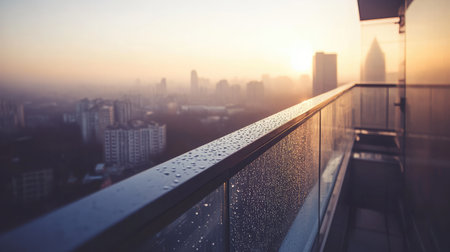 A peaceful balcony scene captures a breathtaking morning view of a cityscape, with a glass railing adorned with dew, illuminated by soft golden sunlight during sunrise.の素材