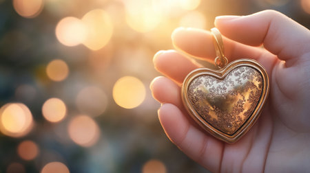 A beautifully crafted vintage gold heart locket held delicately in a hand, set against a softly glowing background that enhances its intricate design and nostalgic value.の素材