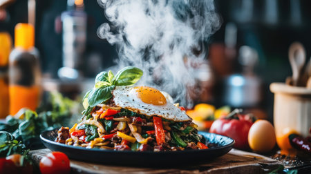 A vibrant vegetable stir-fry dish topped with a perfectly fried egg and fresh basil, creating a visually appealing meal with steam rising and a rustic kitchen background.の素材