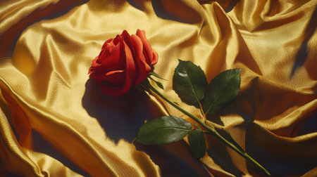 A stunning red rose elegantly rests on shiny golden fabric, creating a captivating still life scene that evokes romance and beauty, perfect for various artistic themes.の素材
