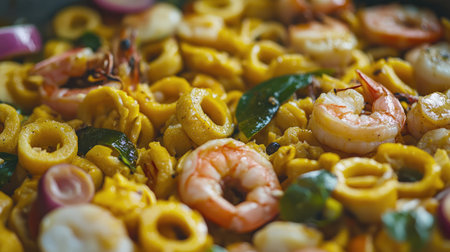 A colorful seafood pasta dish featuring shrimp, fresh vegetables, and vibrant flavors, perfect for showcasing culinary creativity and inviting appetites. Enjoy a visual feast!の素材