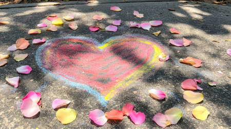 A vibrant chalk heart drawing is surrounded by soft petals on a textured concrete surface, capturing an essence of love and creativity in a peaceful outdoor setting.の素材