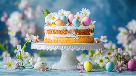 A beautiful spring cake adorned with colorful eggs and delicate flowers, perfect for Easter celebrations or any joyful gathering, set against a soft blue background.の素材