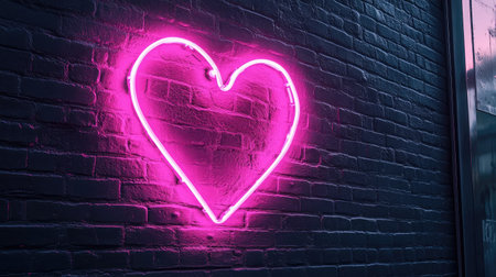 A stunning neon heart sign glows brilliantly against a dark brick wall, creating a captivating visual perfect for romantic or urban art themes, adding modern flair to any setting.の素材