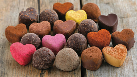 A delightful arrangement of assorted heart-shaped chocolates in various colors and textures on a rustic wooden surface, perfect for romantic occasions and sweet celebrations.の素材