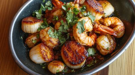 A delectable grilled seafood platter featuring succulent scallops and shrimp, garnished with fresh herbs, perfect for a gourmet dining experience.の素材