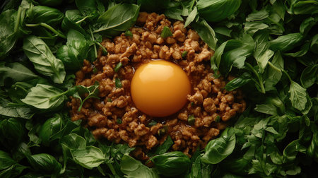 A vibrant composition featuring a rich egg yolk and savory ground meat surrounded by fresh basil leaves, perfect for culinary creations and food photography.の素材