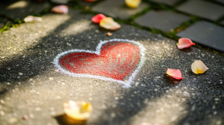 A charming heart-shaped chalk drawing sits on a concrete surface, surrounded by soft flower petals. The warm sunlight casts gentle shadows, creating a romantic outdoor atmosphere.の素材