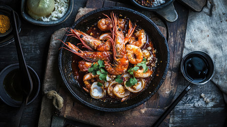 This seafood platter showcases succulent shrimp and scallops drenched in a flavorful sauce, complemented by fresh herbs, presenting a culinary delight for food enthusiasts.の素材