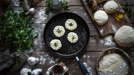 A warm and inviting kitchen scene showcasing freshly made dough on a grill, complemented by garlic and herbs, perfect for culinary enthusiasts and home cooking lovers.の素材