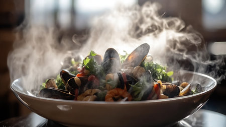 A beautifully presented steaming seafood dish showcasing shrimp and mussels, surrounded by fresh herbs and vibrant vegetables, captured in an inviting, warm setting.の素材