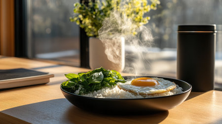 A mouthwatering breakfast plate featuring steam rising from rice, a perfectly fried egg, and fresh basil, all set against a warm morning light for a cozy dining experience.の素材