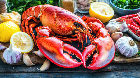 A vibrant display of a freshly caught lobster, accompanied by lemons, garlic, and various ingredients, perfect for a culinary creation or seafood feast.の素材