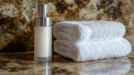 A serene composition featuring a sleek bottle of skincare product beside two plush towels on a beautiful countertop, perfect for promoting relaxation and self-care routines.の素材