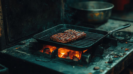 A captivating image of a mouth-watering steak sizzling on a cast iron pan with flames and smoke, perfect for food enthusiasts and culinary professionals seeking inspiration and creativity in cooking.の素材