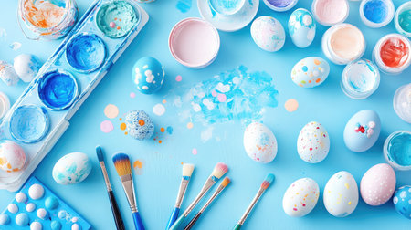 Vibrant display of decorated Easter eggs, art supplies, and watercolor palettes on a blue background, perfect for spring festivities, creative projects, and joyful celebrations.の素材