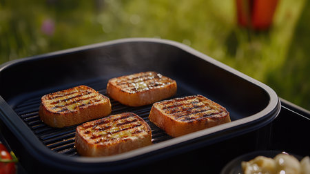 Delight in the sight of perfectly grilled bread slices on a grilling pan, set against a vibrant outdoor backdrop, showcasing the joy of summer cooking and fresh ingredients.の素材