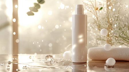 A minimalist white cosmetic bottle set against a dreamy backdrop of soft lights and delicate flowers, perfect for skincare and beauty product promotion, evoking freshness and tranquility.の素材
