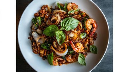 A vibrant seafood pasta dish featuring succulent shrimp and tender squid, garnished with fresh basil. A visually appetizing meal that delights every palate.の素材