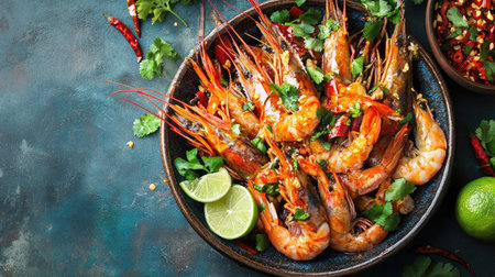 A vibrant and colorful platter of deliciously grilled shrimp garnished with fresh herbs and lime, perfect for culinary photography, showcasing seafood in a rustic setting.の素材