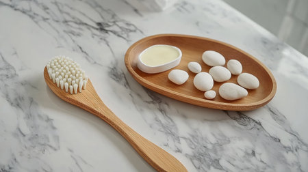 Discover a serene arrangement of a bamboo toothbrush, soothing cream, and smooth stones on a marble surface, perfect for a calming self-care routine.の素材