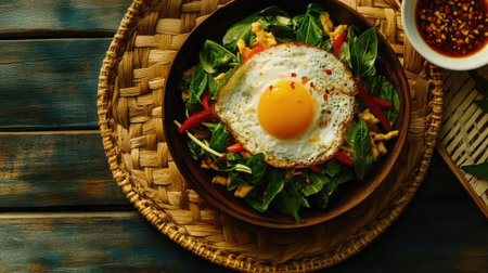 A vibrant salad featuring a sunny-side-up egg sits atop fresh greens and colorful ingredients, perfect for a healthy meal or snack, complementing a side of spicy sauce.の素材
