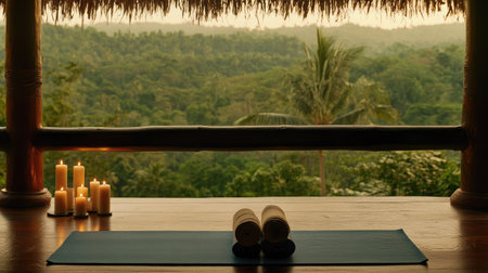 A serene yoga space with a mat and candles, set against a lush green landscape, creating the perfect environment for relaxation and mindfulness practices.の素材