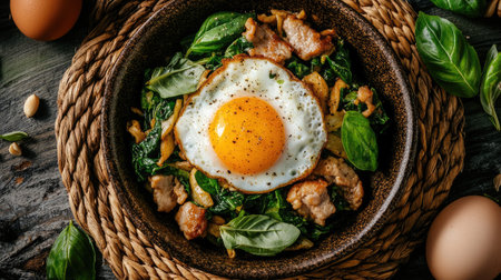 A beautifully arranged breakfast bowl showcasing a sunny-side up egg atop sautの素材