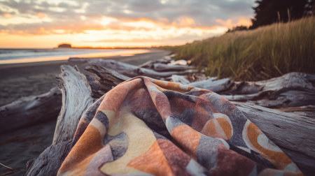 A stunning beach scene featuring a colorful blanket draped over weathered driftwood, illuminated by a beautiful sunset. Perfect for capturing natural serenity and coastal charm.の素材