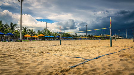 Experience a serene beach volleyball setting featuring vibrant umbrellas, warm sand, and a moody sky, ideal for sports lovers and those seeking relaxation by the sea.の素材