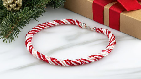 Stunning red and white beaded necklace ideal for holiday gifting, beautifully arranged with festive decorations, capturing the spirit of the season and elegance.の素材