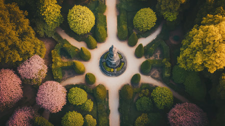 A breathtaking aerial perspective of a meticulously designed garden featuring vibrant trees, blossoms in spring, and a central stone statue surrounded by lush greenery.の素材