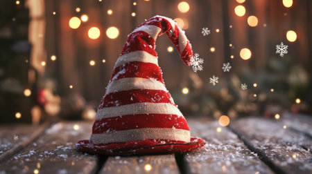 A charming red and white striped Christmas hat rests on a snowy wooden surface, surrounded by soft bokeh lights and delicate snowflakes, embodying the festive spirit of the season.の素材
