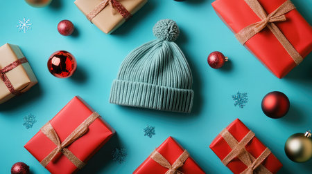 A cheerful winter hat is surrounded by beautifully wrapped gifts and shiny ornaments, creating a festive atmosphere perfect for the holiday season and gift-giving inspiration.の素材