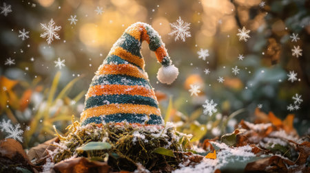 A vibrant Christmas hat rests on moss and colorful leaves, with delicate snowflakes falling in a serene winter scene, capturing the essence of the festive spirit.の素材