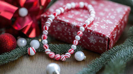 This enchanting charm bracelet features red and white beads, perfect for holiday celebrations, set amidst Christmas decorations and a beautifully wrapped gift box.の素材