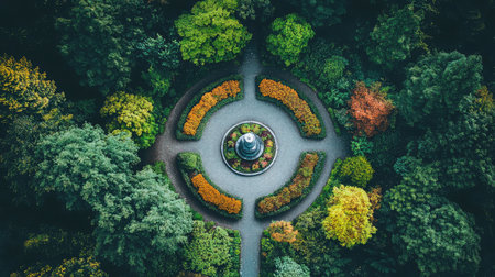 A stunning aerial perspective of a well-organized park displays autumn colors, circular pathways, lush greenery, and serene garden elements, perfect for nature lovers.の素材