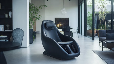 A sleek black massage chair stands in a spacious minimalist living room, surrounded by natural light and stylish decor, ideal for relaxation and luxury in home settings.の素材