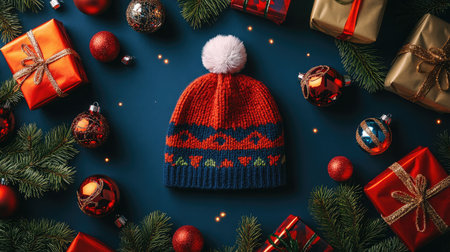 A vibrant knitted Christmas hat with a fluffy pom-pom sits at the center, surrounded by colorful ornaments and wrapped gifts, embodying festive cheer and holiday spirit.の素材