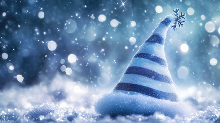 A whimsical scene featuring a snowy party hat set against a sparkling backdrop of winter lights, capturing the joyful essence of the holiday season and festive celebrations.の素材