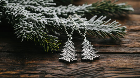 Silver earrings shaped like trees are beautifully displayed on a snowy pine branch over a rustic wooden surface, evoking a festive and elegant atmosphere for winter celebrations.の素材